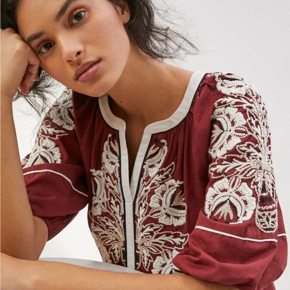 Anthropologie Burgundy Embroidered Midi Dress - Picture 4 of 9